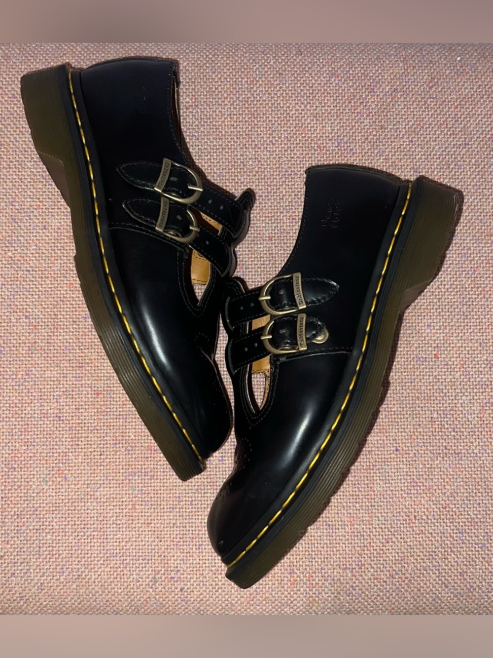 PRELOVED Dr. Martens Black Leather Mary Jane Shoes with Yellow Stitching